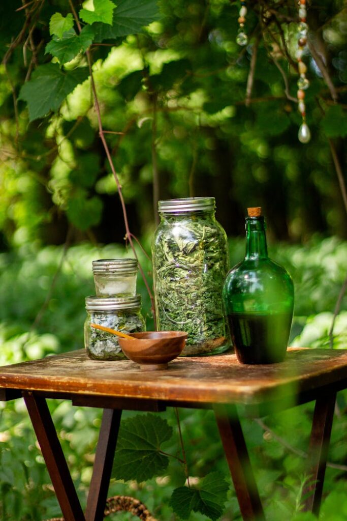 pexels photo 23512149 Jars of dried herbs with a green bottle on a rustic table in a forest. Perfect for natural remedies and wellness themes.